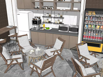 Modern Break Room With Wooden Tables And Chairs Refrigerator Coffee Machine Microwave And Beverage Cooler 3d model