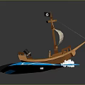 Decorative Pirate Ship Model with Brown Hull White Sail Black Flag and Blue Wave Base