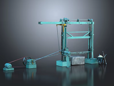 Green Industrial Mechanical Equipment With Metal Frame Wheel Rope And Stone Block 3d model