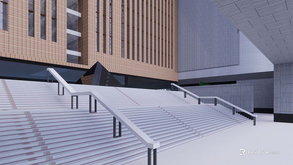 Modern School Building Architectural Design With Staircase Brick Facade And Metal Railings 3d model 