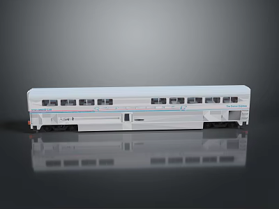 White Model Train Carriage with Multiple Windows Black Wheels and Reflection on Gray Background 3d model