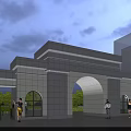 Modern Stone Entrance Gate Featuring Arched Design With Evening Lighting And People Walking