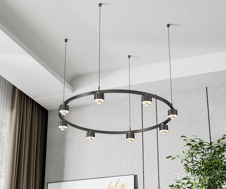 Modern Circular Chandelier With Multiple Bulbs Hanging in Minimalist Living Room Interior 3d model 