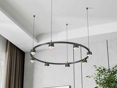 Modern Circular Chandelier With Multiple Bulbs Hanging in Minimalist Living Room Interior 3d model