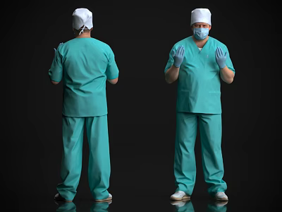 Men In Green Surgical Scrubs White Caps Masks Front And Back Views Showing Gloves 3d model