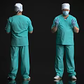Men In Green Surgical Scrubs White Caps Masks Front And Back Views Showing Gloves