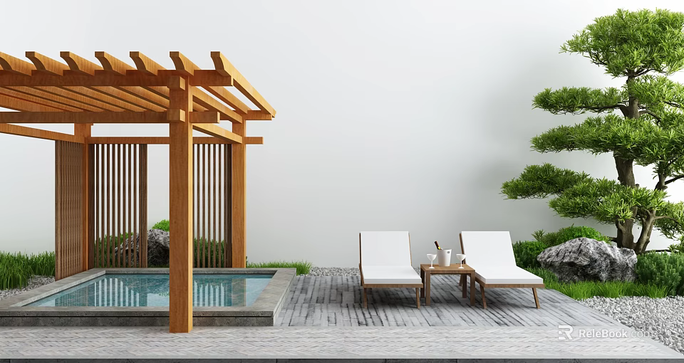Outdoor Lounge Chairs By Swimming Pool With Wooden Pergola Stone Patio And Green Plants 3d model 
