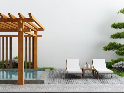 Outdoor Lounge Chairs By Swimming Pool With Wooden Pergola Stone Patio And Green Plants 3d model