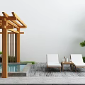 Outdoor Lounge Chairs By Swimming Pool With Wooden Pergola Stone Patio And Green Plants
