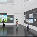 Modern Exhibition Hall Interior With Display Wall Featuring Images And Visitors Observing Exhibits