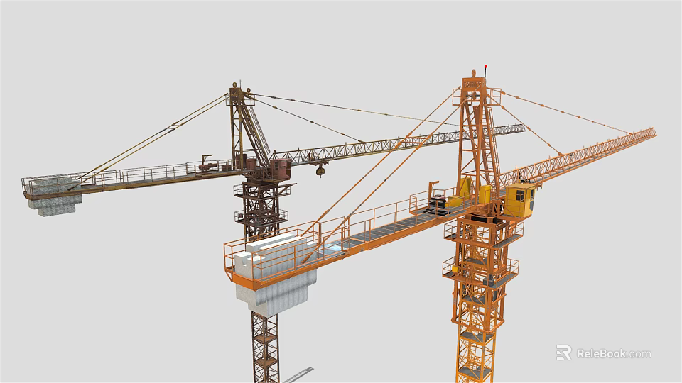 Yellow And Brown Tower Cranes With Extended Booms Operating Cabs And Steel Structures 3d model 
