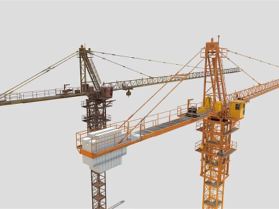 Yellow And Brown Tower Cranes With Extended Booms Operating Cabs And Steel Structures 3d model