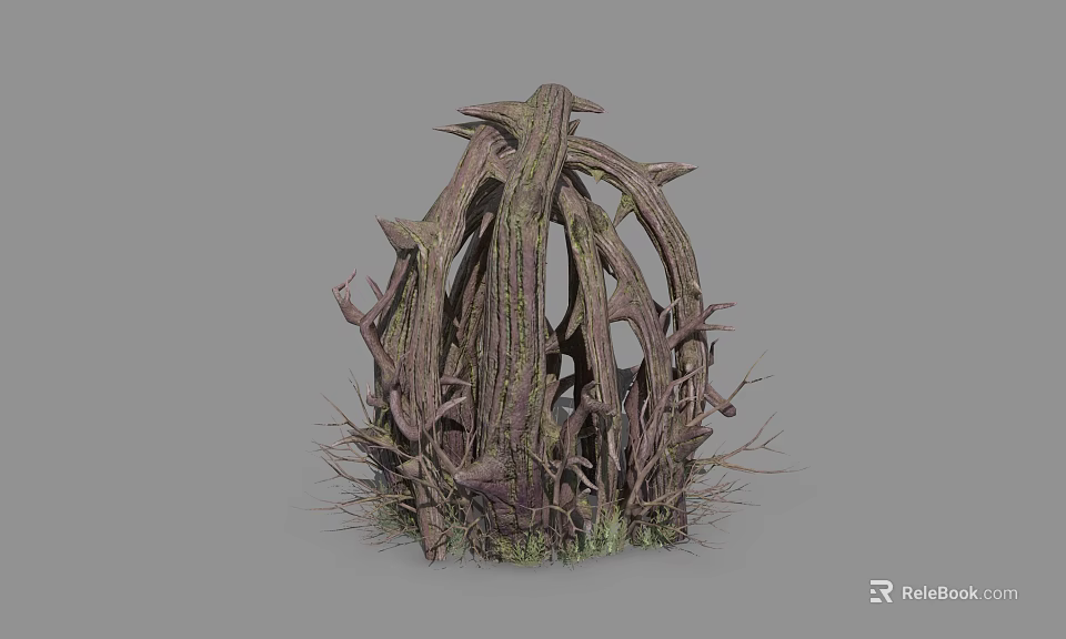 Natural Plant Structure With Twisted Tree Trunks Branches And Green Moss Base 3d model