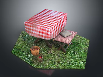 Outdoor Grass Setting With Red White Checkered Table Bench And Fruit Baskets 3d model