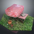 Outdoor Grass Setting With Red White Checkered Table Bench And Fruit Baskets