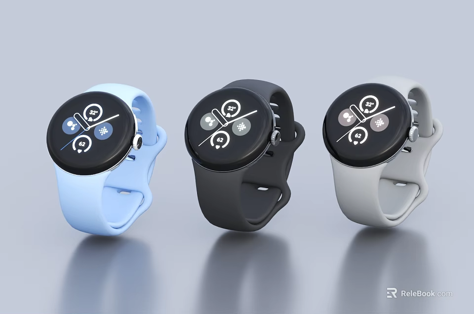 Stylish Smart Watches With Blue Black Gray Straps Round Dial And Functional Icons 3d model 