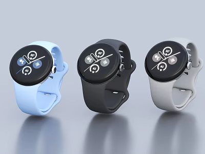 Stylish Smart Watches With Blue Black Gray Straps Round Dial And Functional Icons 3d model