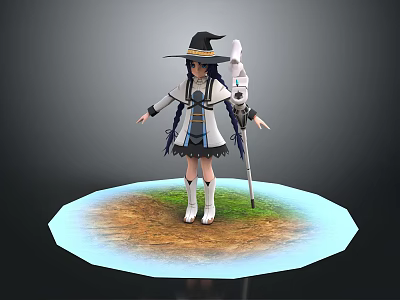 Game Fantasy Character With Black Wizard Hat Blue Long Hair Staff Standing On Round Base 3d model