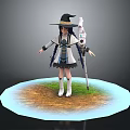Game Fantasy Character With Black Wizard Hat Blue Long Hair Staff Standing On Round Base