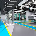 Modern Auto Showroom Interior With Green And Blue Floor Lines And Display Cars