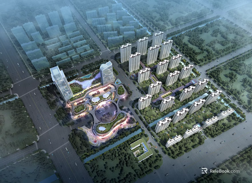 Aerial View Planning of Urban District with High Rise Buildings Residential Areas and Green Spaces 3d model 