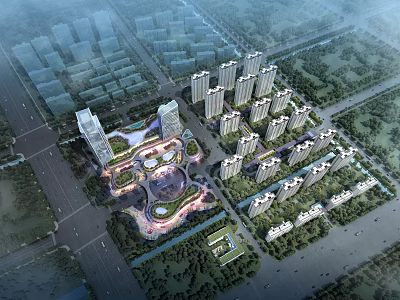 Aerial View Planning of Urban District with High Rise Buildings Residential Areas and Green Spaces 3d model