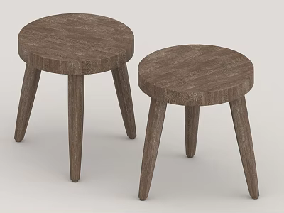 Two Round Wooden Stools With Simple Design And Light Brown Wood Grain Legs 3d model