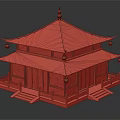 Cartoon Scene of Chinese style Building with Green Roof Red Accents Lanterns and Wooden Structure Steps