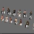 Group of People Sitting on Chairs with Various Poses Different Clothing Styles Against Gray Background