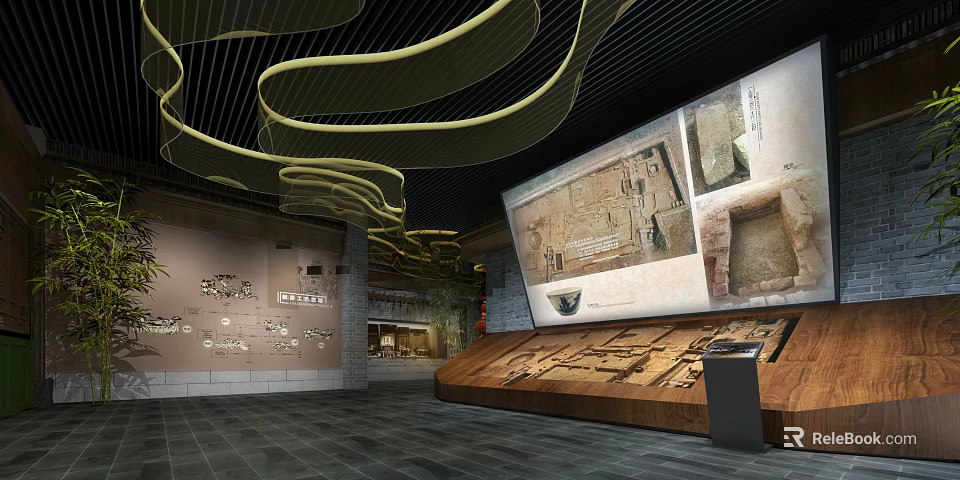Museum Exhibition Hall With Curved Ceiling Ancient Relics Display And Wooden Showcase 3d model 