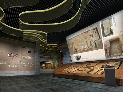 Museum Exhibition Hall With Curved Ceiling Ancient Relics Display And Wooden Showcase 3d model