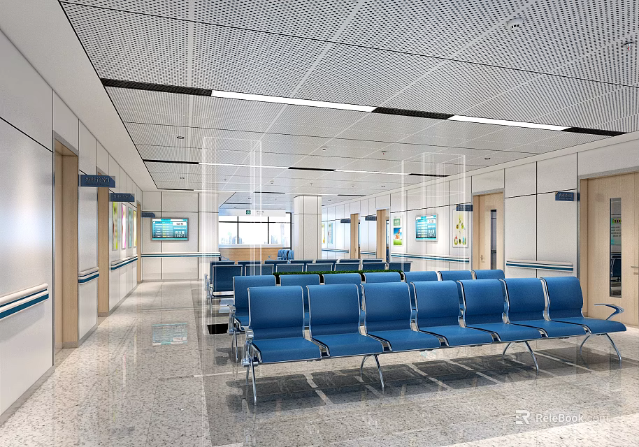 Hospital Waiting Area Interior With Blue Chairs Corridor And Ceiling Design 3d model 