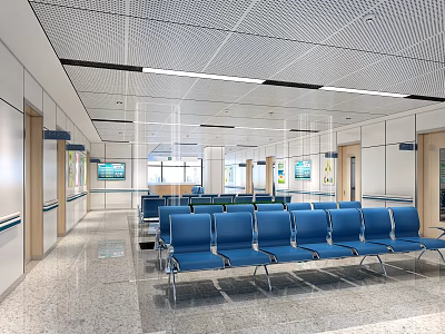 Hospital Waiting Area Interior With Blue Chairs Corridor And Ceiling Design 3d model