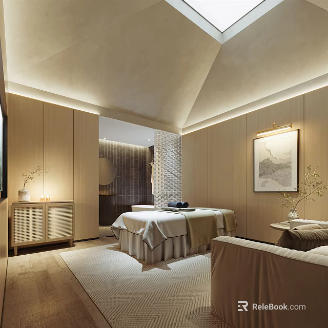 Luxurious SPA Sauna Interior With Massage Bed Wooden Walls And Soft Lighting 3d model 