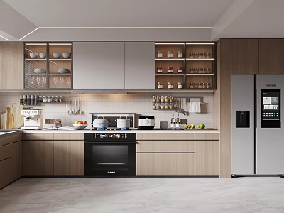Modern Kitchen Interior With Wooden Cabinets Silver Refrigerator And Countertop Cookware 3d model