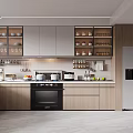 Modern Kitchen Interior With Wooden Cabinets Silver Refrigerator And Countertop Cookware