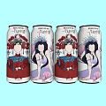 Four Beverage Cans With Female Character Design In Red And Purple On Light Blue Background