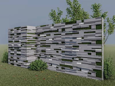 Modern Landscape Feature Wall With Striped Stone Slats Green Plants Surrounded By Grass And Trees 3d model