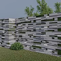 Modern Landscape Feature Wall With Striped Stone Slats Green Plants Surrounded By Grass And Trees