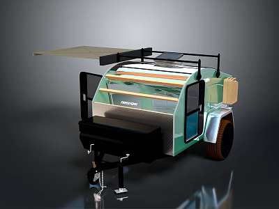 Dromos Camper Trailer With Roof Rack Solar Panels Green White Exterior And Awning 3d model