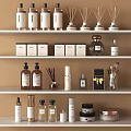 Elegant Perfume And Cosmetics Display On Shelves With Various Bottles And Products
