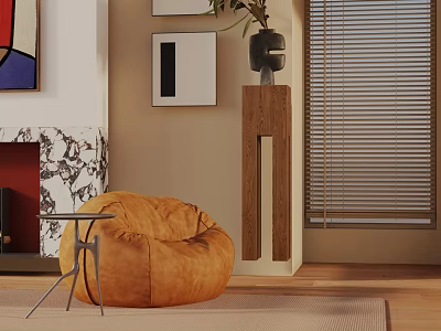 Orange Bean Bag Leisure Chair With Small Side Table Fireplace Wall Art And Window Blinds 3d model