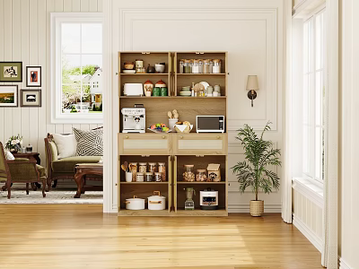 Light Wooden Home Sideboard Cabinet With Large Storage Space For Kitchen Supplies And Small Appliances 3d model