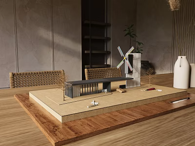 Decorative Ornament Set with Architectural Model Wooden Platform Woven Chairs Bookshelf Plant Windmill and Vase 3d model
