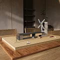 Decorative Ornament Set with Architectural Model Wooden Platform Woven Chairs Bookshelf Plant Windmill and Vase