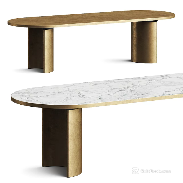 Elegant Modern Oval Dining Table With Marble Top And Brass Legs Design 3d model 