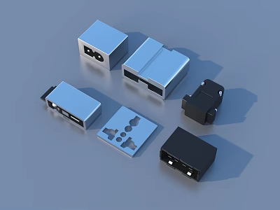 Essential Household Items Featuring Silver Black Square Plug Adapters And Multi Port Sockets 3d model