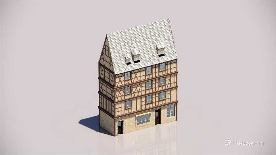 Traditional Three Story Half Timbered House With Pitched Roof And Dormer Windows 3d model 