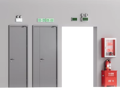 Fire Safety Equipment Setup With Emergency Exit Signs Fire Doors And Hydrant Cabinet 3d model