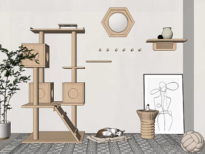 Wooden Cat Tree With Cat Mat Decorative Mirror Shelf Green Plant Sculpture And Wall Art 3d model
